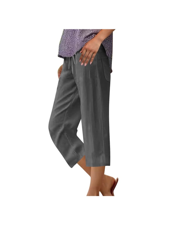 Capri Pants for Women Cotton Linen Elastic Waist Ruched Slacks Casual Loose Trousers Pocket