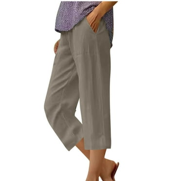 Timegard Capri Pants for Women Cotton Linen Elastic Waisted Ruched Casual Loose Trousers with Pockets