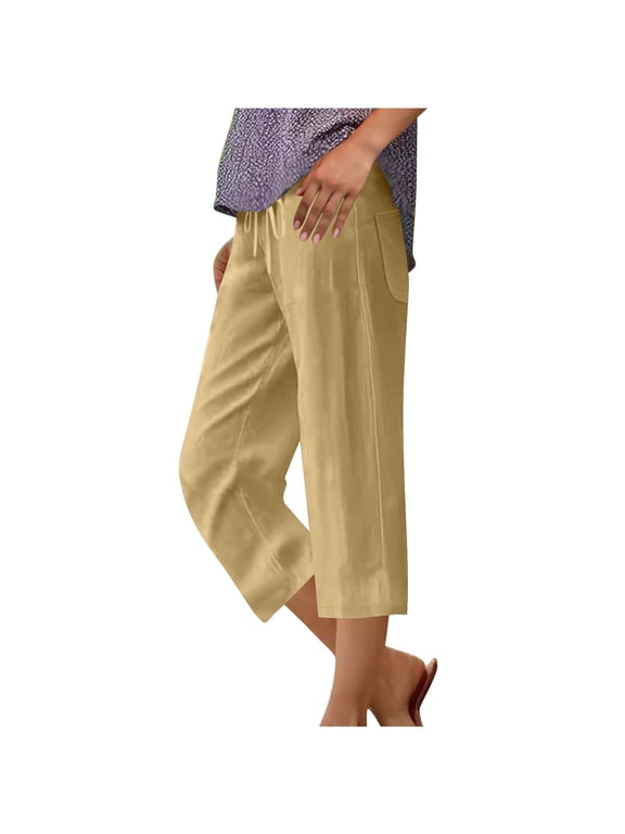 Capri Pants for Women Cotton Linen Elastic Waist Ruched Slacks Casual Loose Trousers Pocket