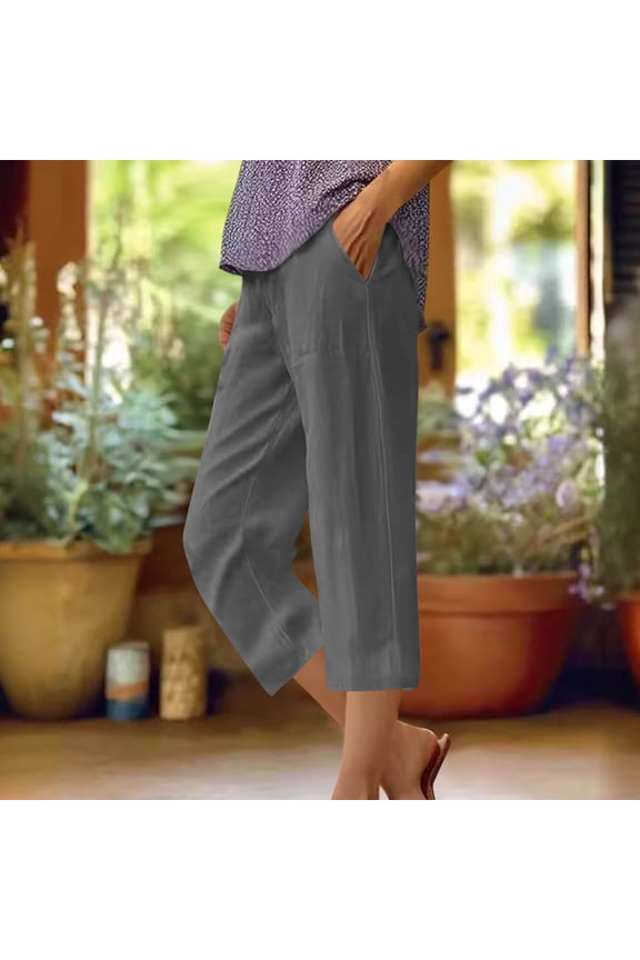 Capri Pants for Women Cotton Linen Elastic Waist Ruched Slacks Casual Loose Trousers Pocket