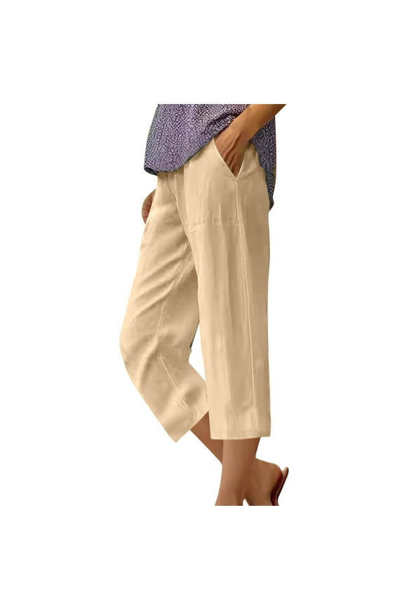 Capri Pants for Women Cotton Linen Elastic Waist Ruched Slacks Casual Loose Trousers Pocket