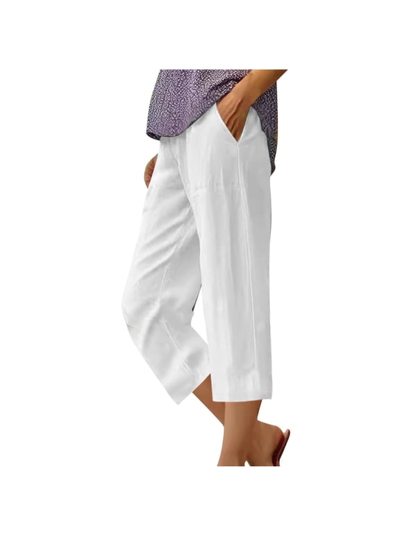 Capri Pants for Women Cotton Linen Elastic Waist Ruched Slacks Casual Loose Trousers Pocket