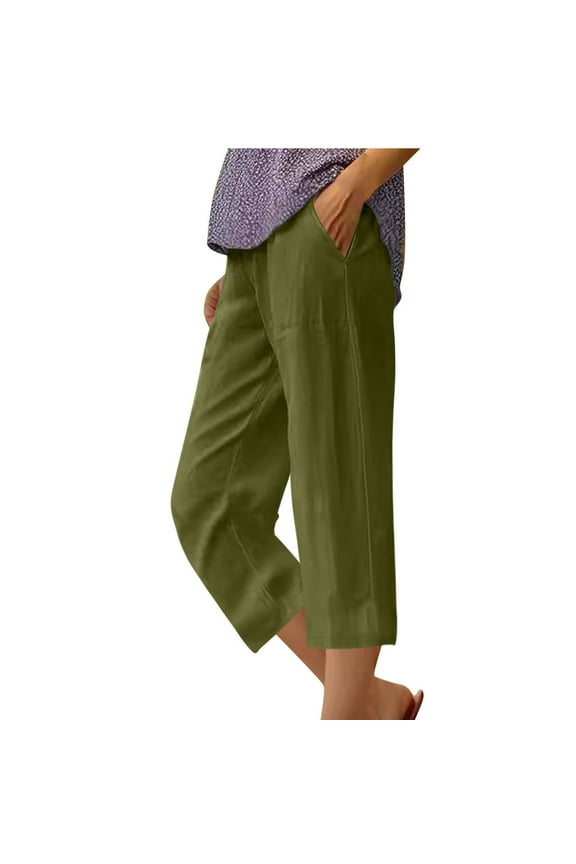 Capri Pants for Women Cotton Linen Elastic Waist Ruched Slacks Casual Loose Trousers Pocket