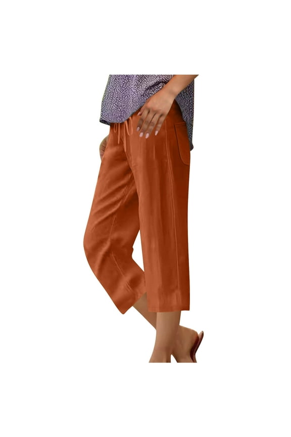 Capri Pants for Women Cotton Linen Elastic Waist Ruched Slacks Casual Loose Trousers Pocket