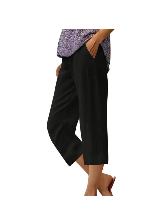 Capri Pants for Women Cotton Linen Elastic Waist Ruched Slacks Casual Loose Trousers Pocket