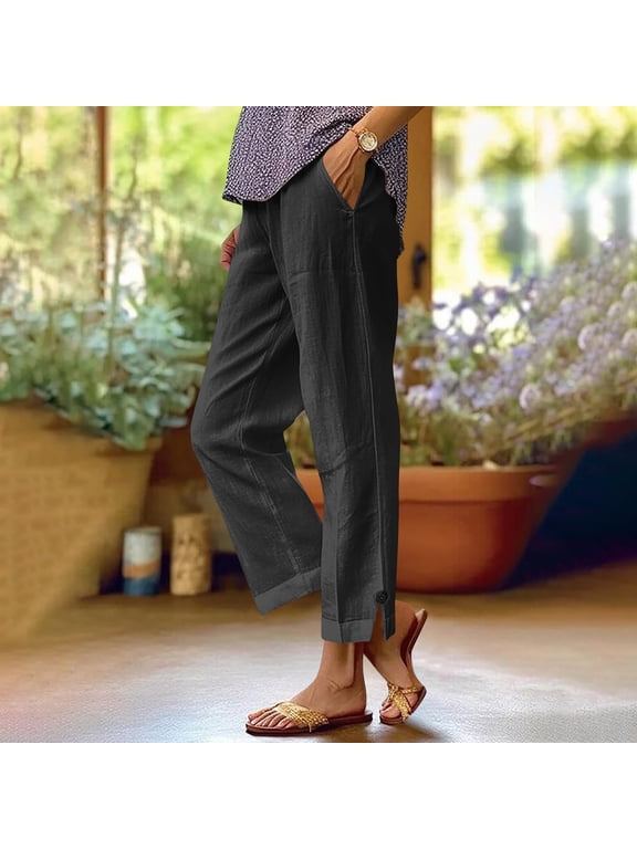 Capri Pants for Women Elastic Waist Straight Leg Split Button Casual Lightweight Crop Pants