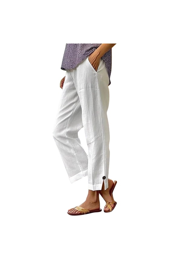 Capri Pants for Women Elastic Waist Straight Leg Split Button Casual Lightweight Crop Pants