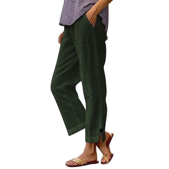 Timegard Capri Pants for Women Elastic Waist Straight Leg Split Button Casual Lightweight Crop Pants