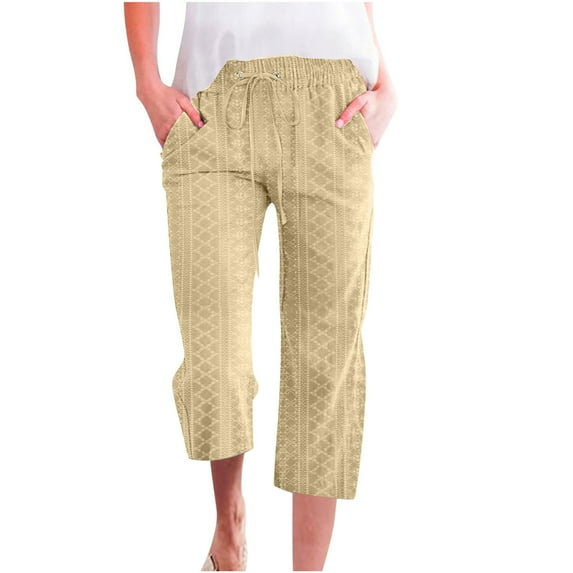 Timegard Capri Pants for Women Eyelet Elastic Waist Solid Color Beach Casual Crop Trousers with Pockets
