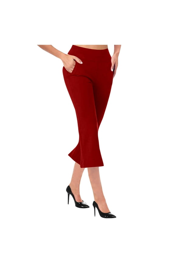 Capri Pants for Women High Waist Slim Solid Color Crop Pants Casual Flare Trousers with Pockets