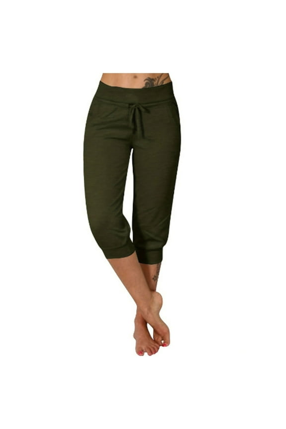 Capri Pants for Women Summer High Waisted Drawstring Slim Fitted Cropped Trousers with Pockets