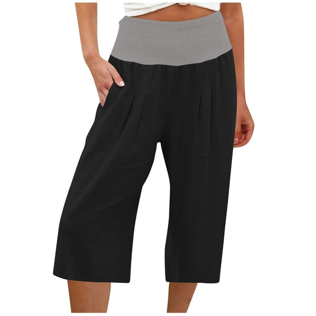 Timegard Capri Pants for Women Wide Leg Elastic High Waisted Smocked Casual Crop Trousers with Pockets