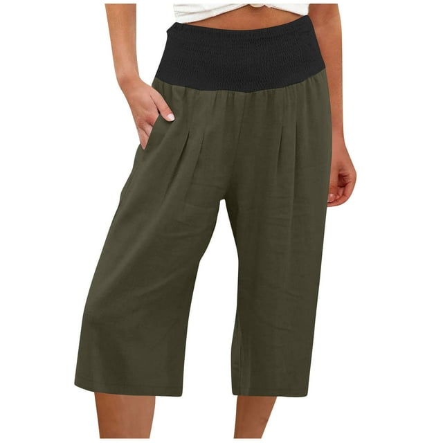 Timegard Capri Pants for Women Wide Leg Elastic High Waisted Smocked Casual Crop Trousers with Pockets