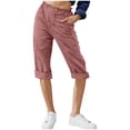 thumbnail image 1 of Timegard Capris Pants for Women Button Ruffle Elastic Waist Fitting Rolled Solid Color Summer Casual Cropped Pants Pockets, 1 of 4