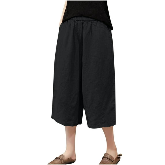 Timegard Capris Pants for Women Plus Size Wide Leg Elastic Waist Loose Cropped Pants Summer Travel