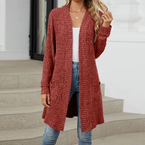 Timegard Cardigan Sweaters for Women Ribbed Mid Long Open Front Loose Comfy Fall Casual Cardigan Pockets