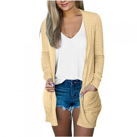 Timegard Cardigan for Women Eyelets Lightweight Open Front Long Sleeve Outwear Beach Cover Ups with Pockets