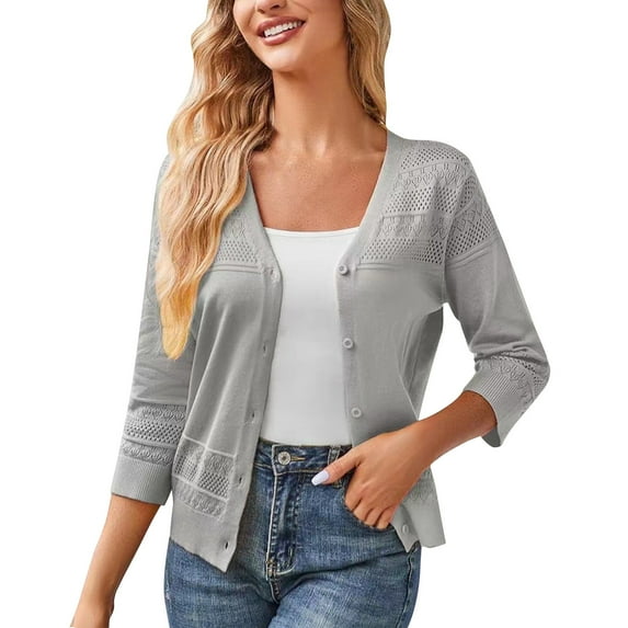 Timegard Cardigan for Women Fall Hollow out Button up 3/4 Sleeve Loose Comfy Casual V Neck Cardigan