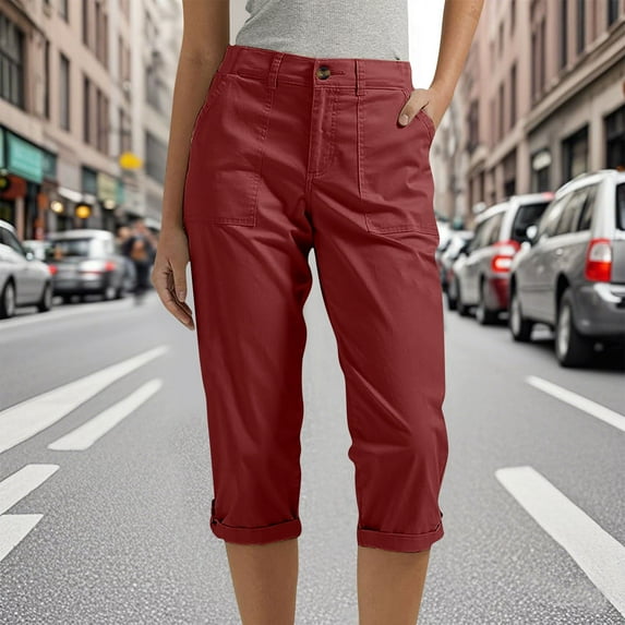 Timegard Cargo Capri Pants for Women Elastic High Waisted Outdoor Casual Fitting Capris Trousers with Pockets