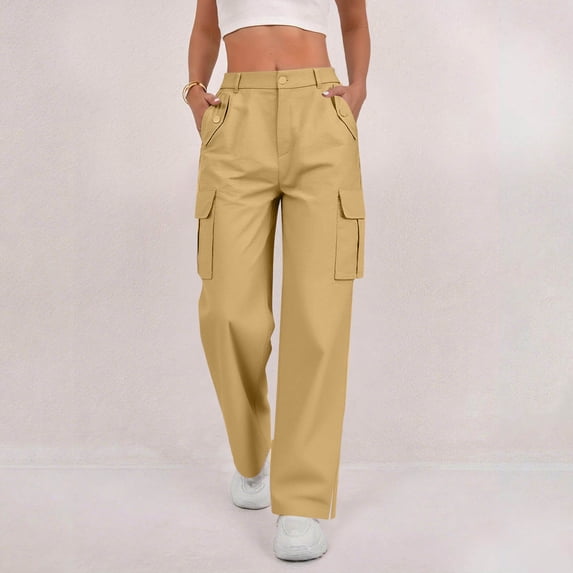 Timegard Cargo Pants Women Elastic Waist Button Straight Leg Loose Active Outdoor Side Split Trousers Fall
