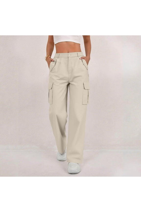 Cargo Pants Women Elastic Waist Button Straight Leg Loose Active Outdoor Side Split Trousers Fall