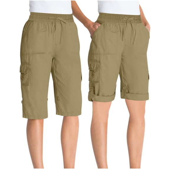 Timegard Cargo Shorts Women Elastic Waisted Drawstring Straight Leg Hiking Outdoor Half Pants with Pockets