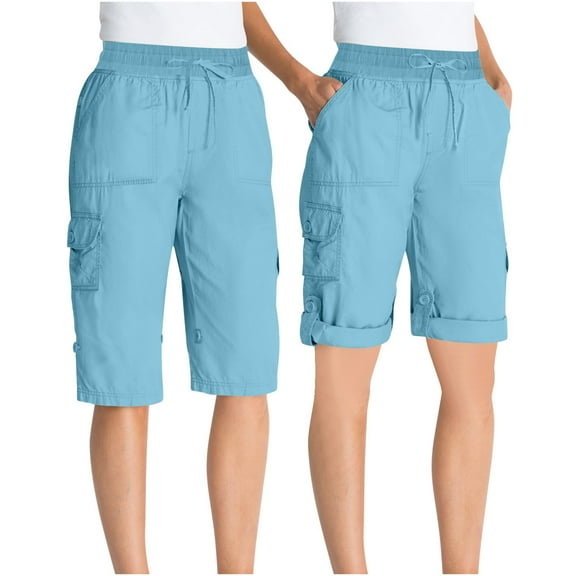 Timegard Cargo Shorts Women Elastic Waisted Drawstring Straight Leg Hiking Outdoor Half Pants with Pockets