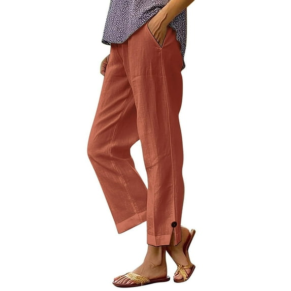 Timegard Capri Pants for Women Elastic Waist Straight Leg Split Button Casual Lightweight Crop Pants