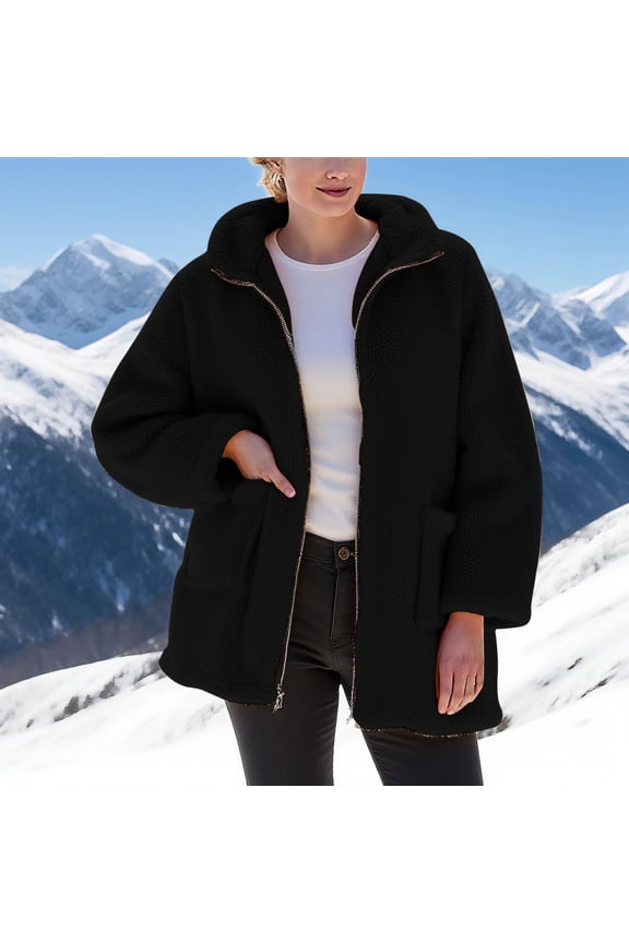 Coats for Women Winter Fuzzy Fleece Zip up Long Sleeve Thick Warm Jackets Outwear with Hood