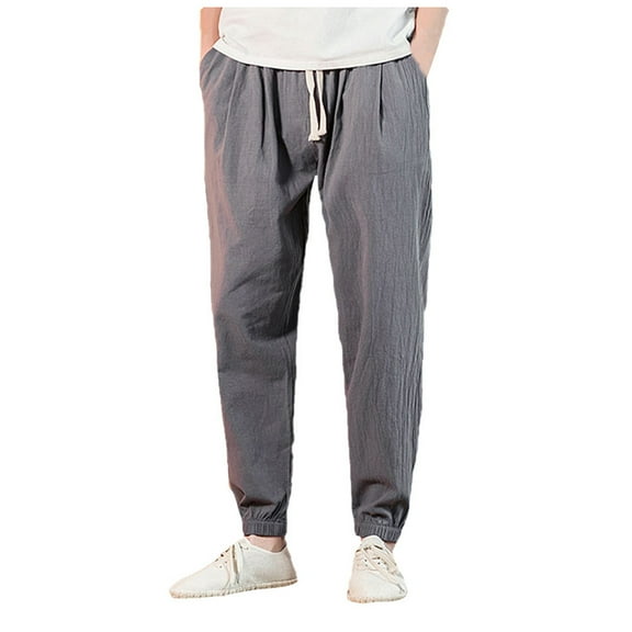 Timegard Cotton Linen Pants for Men Plus Size Elastic Waist Cropped Pants Casual Baggy Trousers Summer