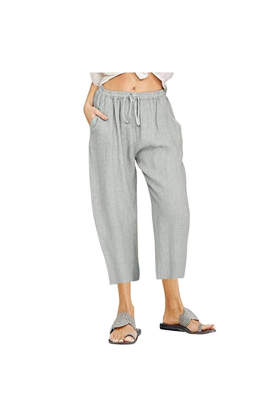 Cotton Linen Pants for Women Capri Casual Elastic Waist Solid Color Cropped Pants with Pockets