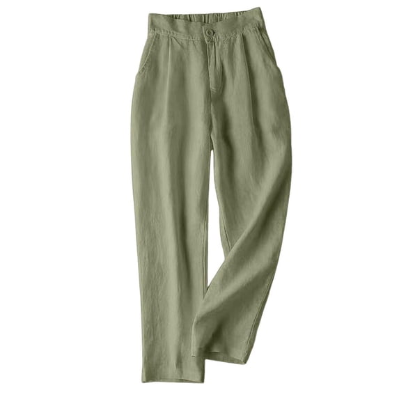 Timegard Cotton Linen Pants for Women Elastic High Waisted Button Ruched Casual Trousers with Pockets