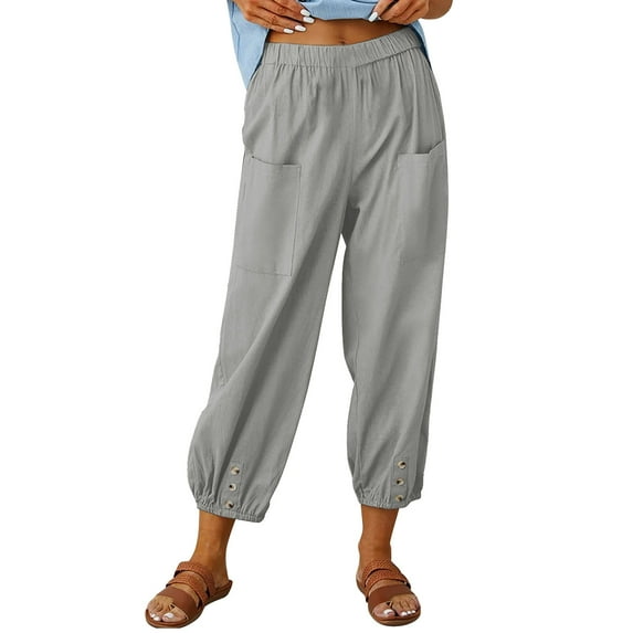 Timegard Cotton Linen Pants for Women Elastic Waist Button Crop Pants Casual Baggy Trousers with Pockets