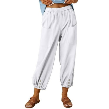Timegard Cotton Linen Pants for Women Elastic Waist Button Crop Pants Casual Baggy Trousers with Pockets