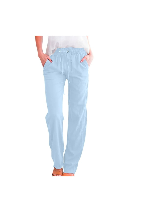 Cotton Linen Pants for Women Elastic Waisted Drawstring Straight Leg Lounge Pants with Pockets