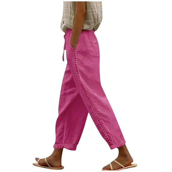 Timegard Cotton Linen Pants for Women Plus Size Elastic High Waisted Drawstring Lounge Trousers with Pockets