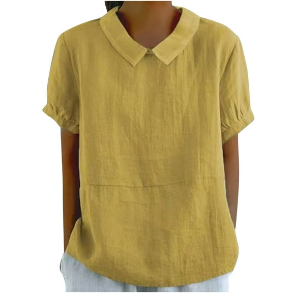 Timegard Cotton Linen Tops for Women Lapel Neck Loose Solid Color Blouse Casual Short Sleeve Tops Summer