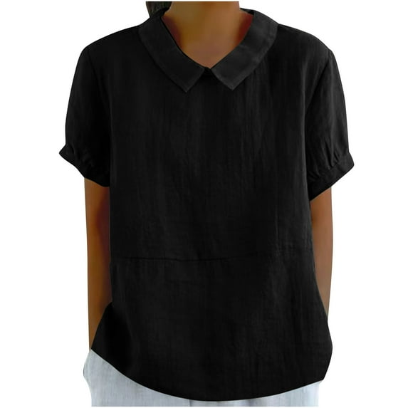 Timegard Cotton Linen Tops for Women Lapel Neck Loose Solid Color Blouse Casual Short Sleeve Tops Summer