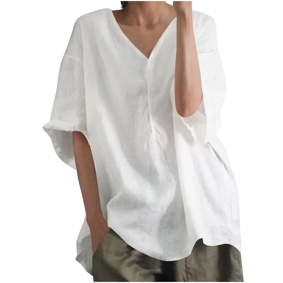 Timegard Cotton Linen Tops for Women V Neck Drop Shoulder Lightweight Blouse Summer Casual Loose Tops