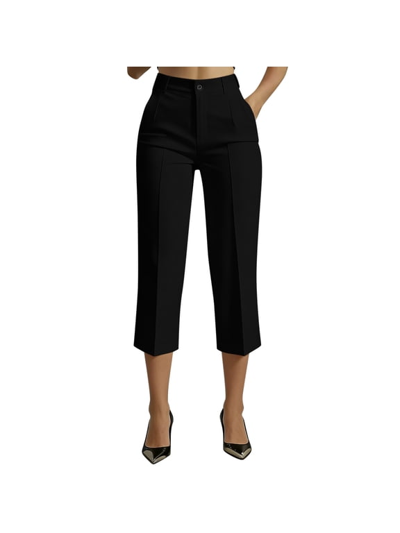Cpari Pants for Women Pull on Cropped Work Pants Business Casual Slim Fitting Elastic Waist Capris