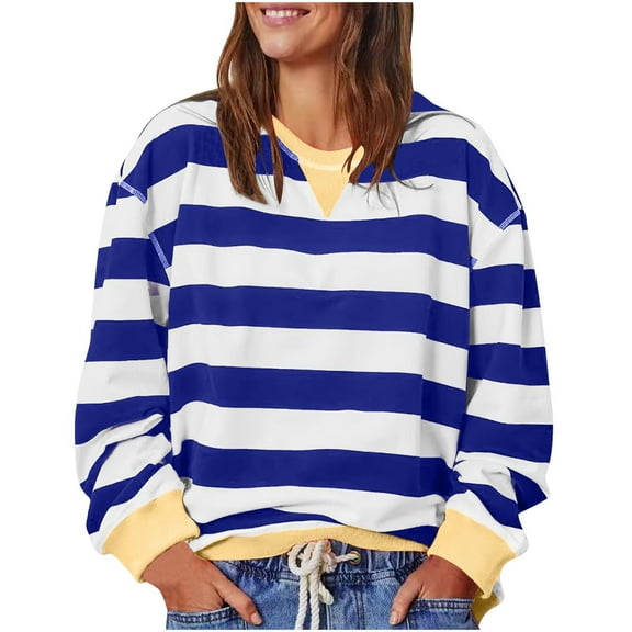 Timegard Crewneck Sweatshirts for Women Striped Long Sleeve Loose Comfy Pullover Tops Fall Fashion