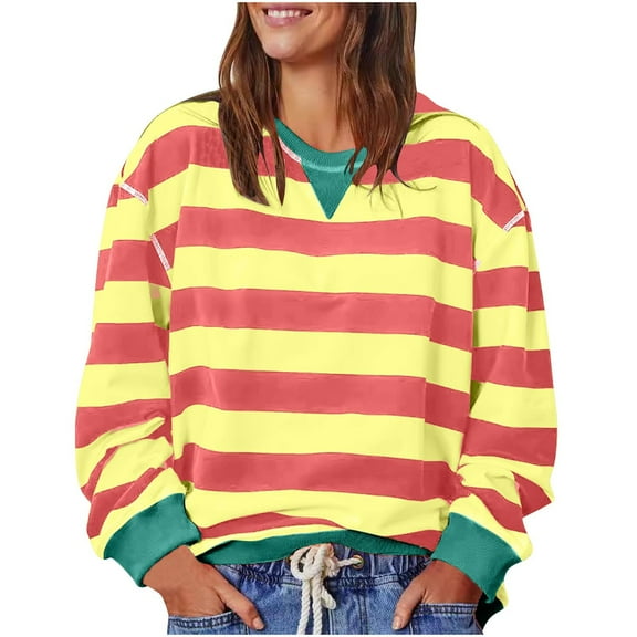 Timegard Crewneck Sweatshirts for Women Striped Long Sleeve Loose Comfy Pullover Tops Fall Fashion