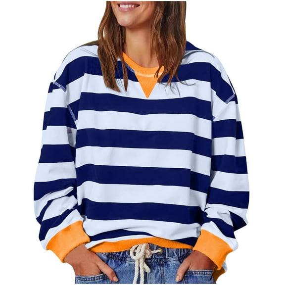 Timegard Crewneck Sweatshirts for Women Striped Long Sleeve Loose Comfy Pullover Tops Fall Fashion
