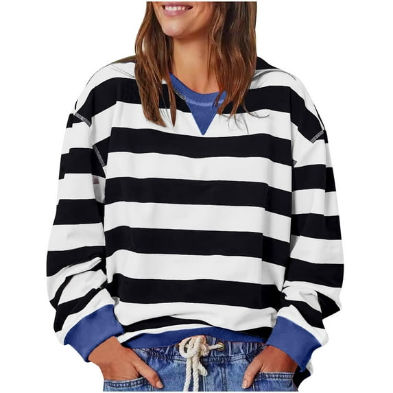 Timegard Crewneck Sweatshirts for Women Striped Long Sleeve Loose Comfy Pullover Tops Fall Fashion