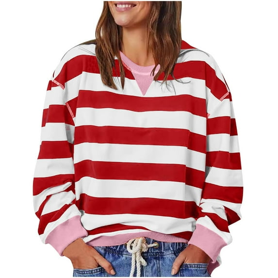 Timegard Crewneck Sweatshirts for Women Striped Long Sleeve Loose Comfy Pullover Tops Fall Fashion