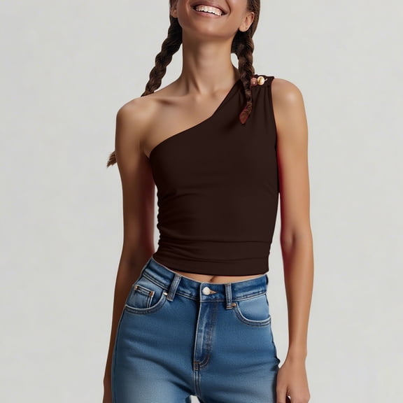 Timegard Crop Tops for Women 1 Shoulder Slim Ruched Stretch Tee Shirts Summer Casual Going out Tops