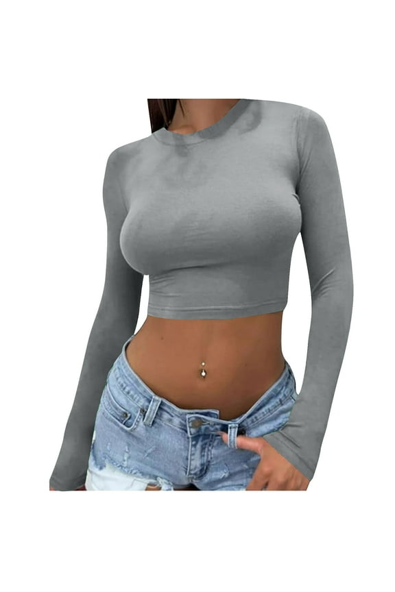 Crop Tops for Women Crewneck Long Sleeve Comfy Trendy Tight Tshirts Basic Tee Slim Clothes