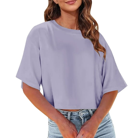 Timegard Crop Tops for Women Drop Shoulder Crewneck Loose Solid Color Casual Comfy Tee Blouse Summer