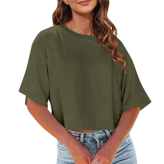 Timegard Crop Tops for Women Drop Shoulder Crewneck Loose Solid Color Casual Comfy Tee Blouse Summer