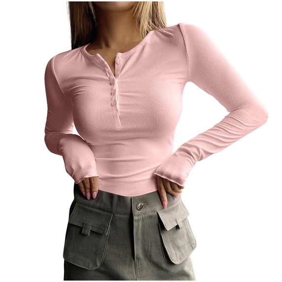 Timegard Crop Tops for Women Drop Shoulder Long Sleeve Scoop Neck Button Comfy Casual Going out Tops